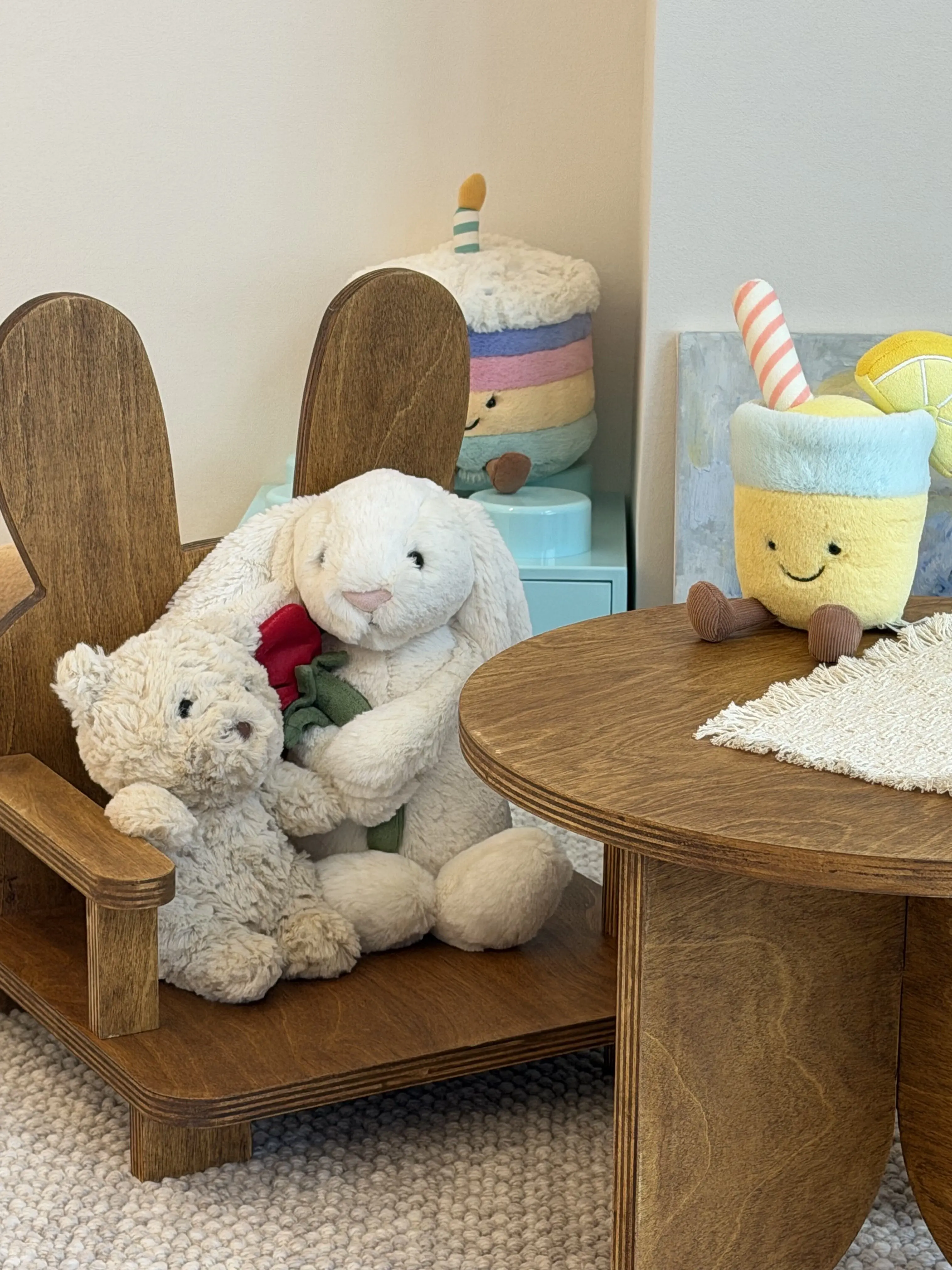 wooden pet furniture decoration in a customer's home - Vintage Round Pet Side Table and Mini Chair Set